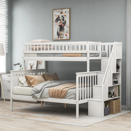 Twin over Full Stairway Bunk Bed with storage, White - Home Elegance USA