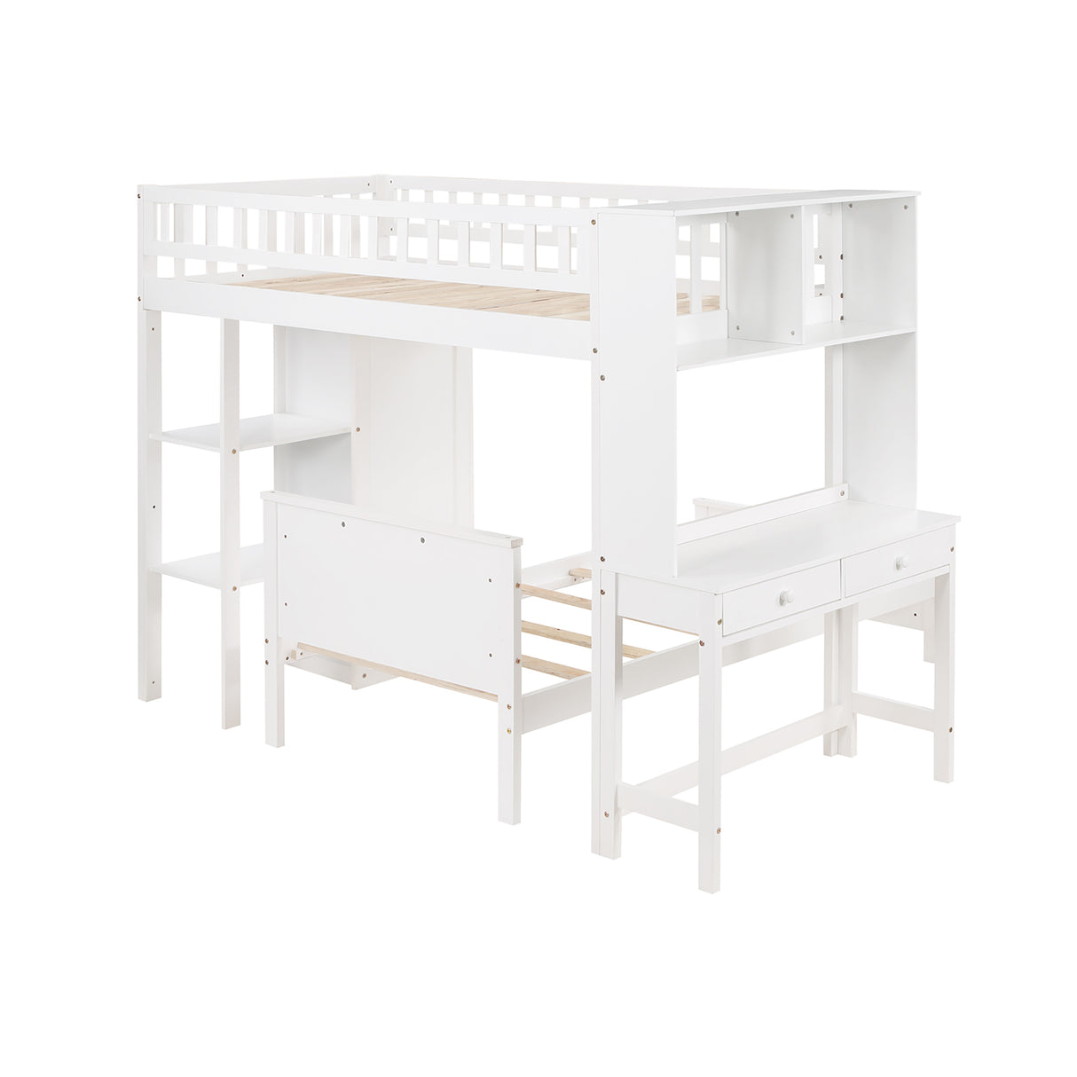 Twin Size Loft Bed with Closet and Desk, Extra Bottom Twin Bed, White - Home Elegance USA