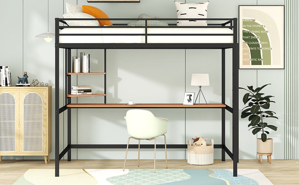 Full Metal Loft Bed with Desk and Shelve, Black - Home Elegance USA