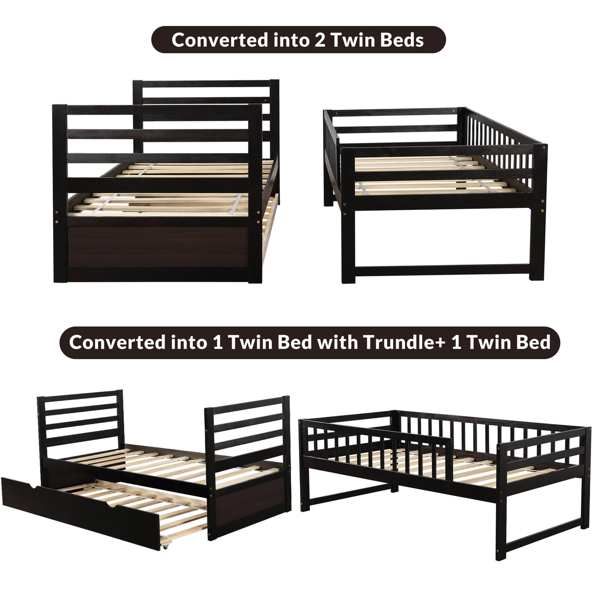 Orisfur. Twin Bunk Beds for Kids with Safety Rail and Movable Trundle bed - Home Elegance USA