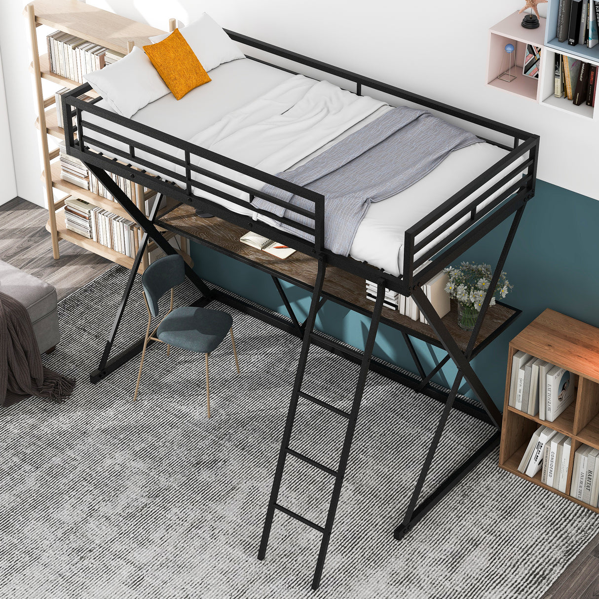 Twin Size Loft Bed with Desk, Ladder and Full-Length Guardrails, X-Shaped Frame, Black(Old SKU:SM000223AAB) - Home Elegance USA