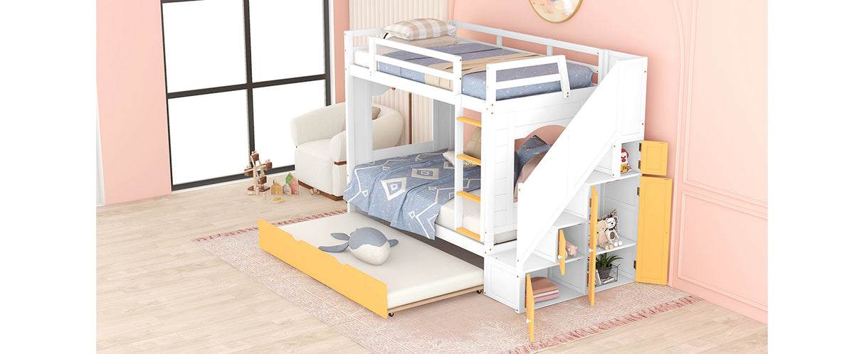 Twin Over Twin Bunk Bed with Trundle ,Stairs,Ladders Solid Wood Bunk bed with Storage Cabinet （White + Yellow） - Home Elegance USA