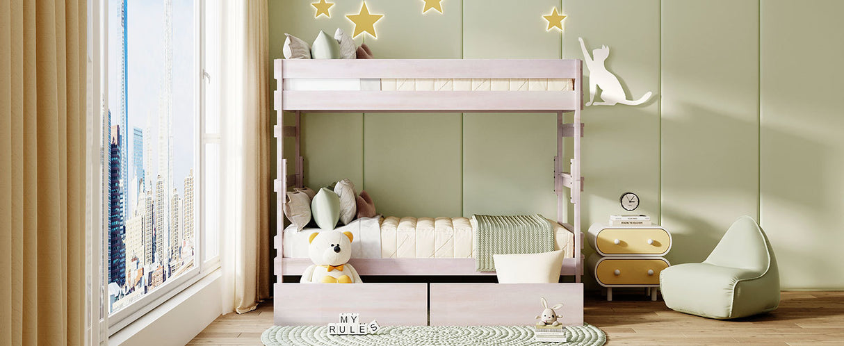 Twin over Twin Wood Bunk Bed with 2 Drawers, White - Home Elegance USA