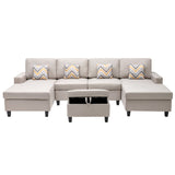 Nolan Beige Linen Fabric 5Pc Double Chaise Sectional Sofa with Interchangeable Legs, Storage Ottoman, and Pillows - Home Elegance USA