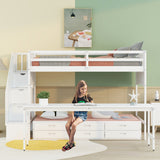 Stairway Twin XL Loft Bed with Twin Size Trundle and 3 Drawers, Storage, Desk, White - Home Elegance USA