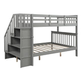 Stairway Twin-Over-Full Bunk Bed with Storage and Guard Rail for Bedroom, Dorm, fo Adults, Gray color - Home Elegance USA