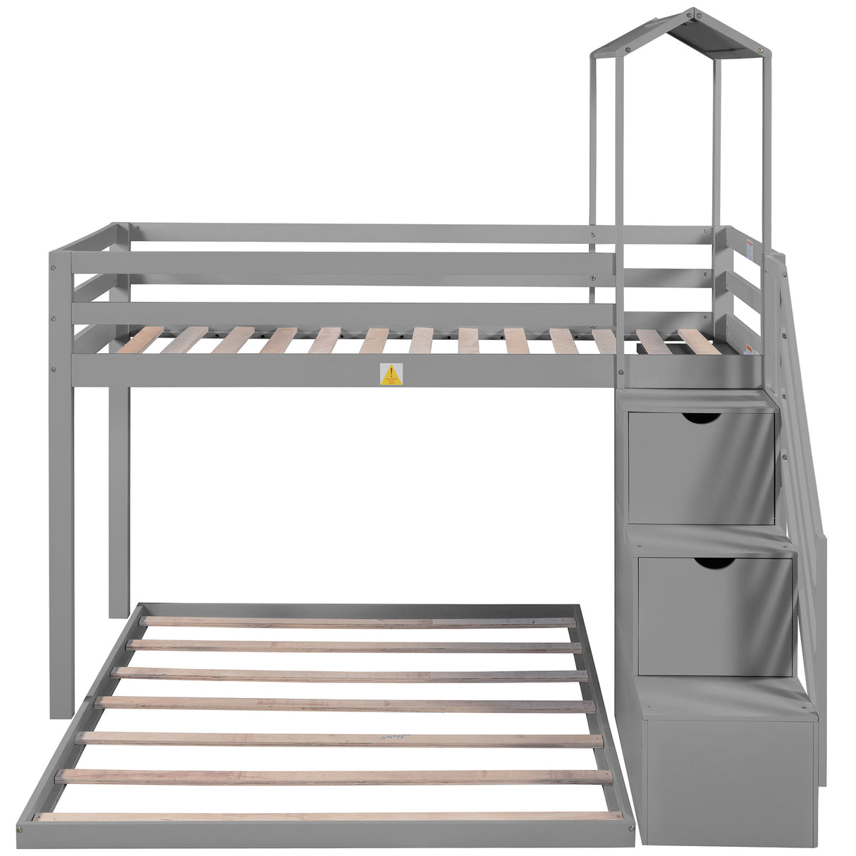 Twin over Full House Roof Bunk Bed with Staircase and Shelves, Gray - Home Elegance USA