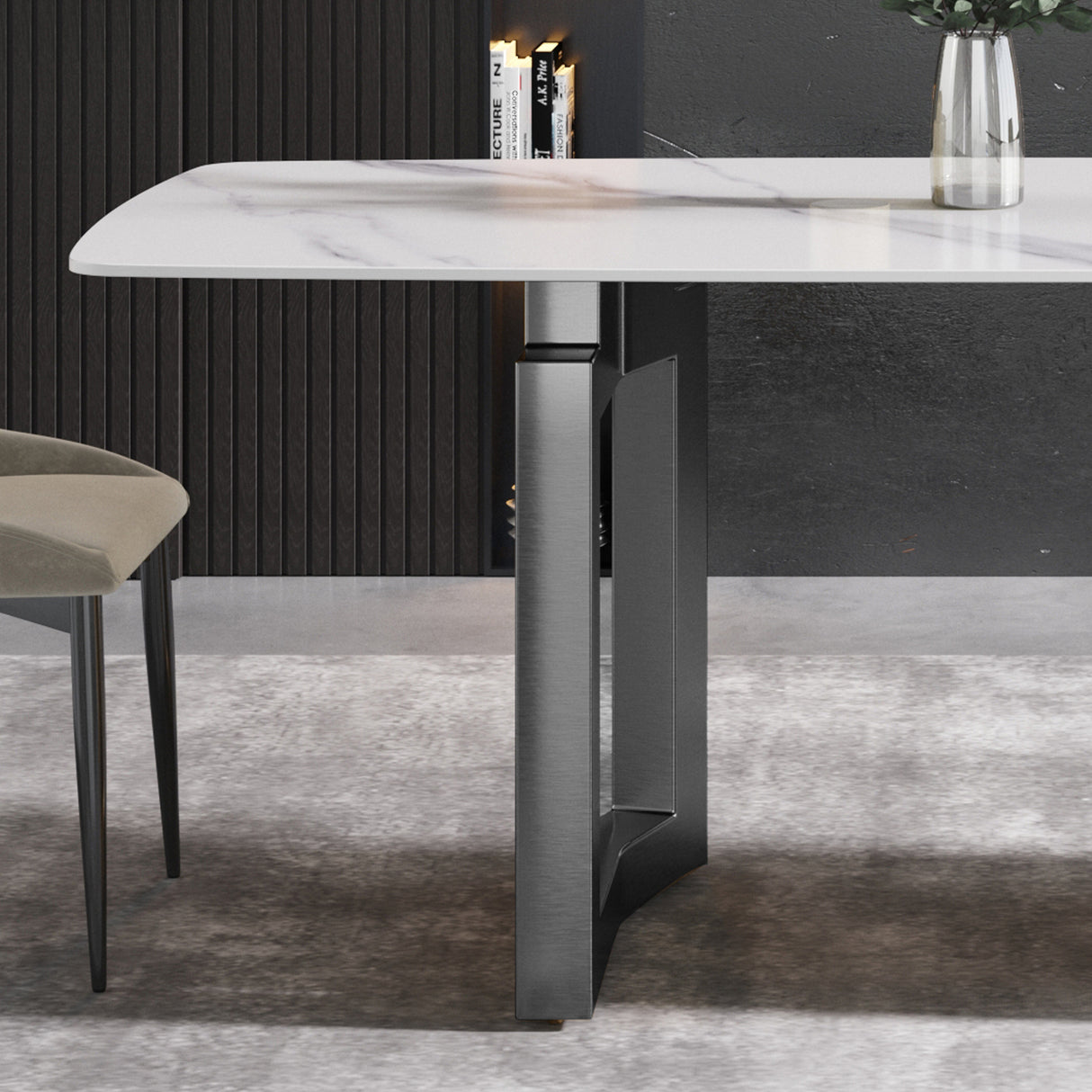 63"Modern artificial stone white curved black metal leg dining table -6 people - Home Elegance USA