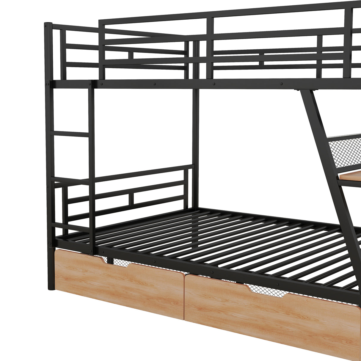 Full Size Metal Bunk Bed with Built-in Desk, Light and 2 Drawers, Black(Expected Arrival Time: 9.18)