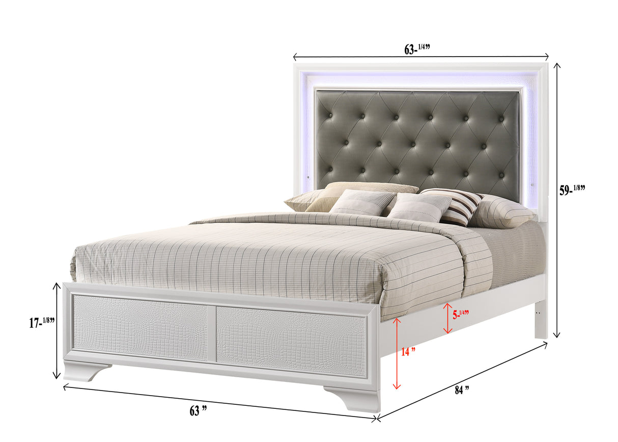 Modern White Crocodile Skin Finish Upholstered 1pc Queen Size LED Panel Bed Faux Diamond Tufted Bedroom Furniture