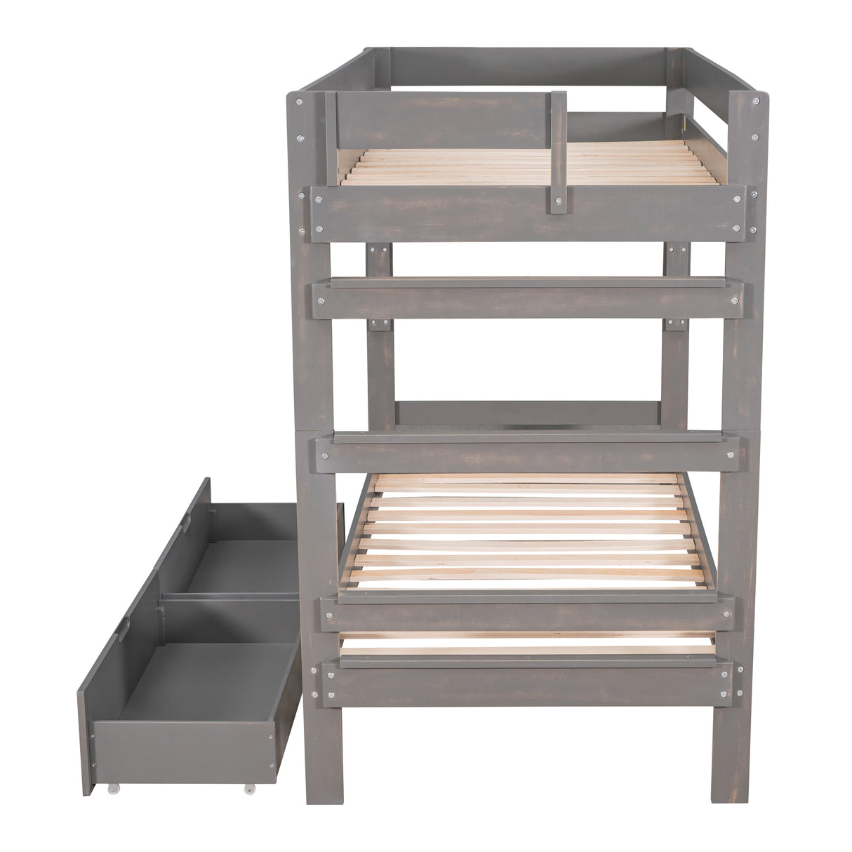 Twin over Twin Wood Bunk Bed with 2 Drawers, Gray - Home Elegance USA