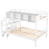 Twin over Full Bunk Bed with Staircase and Built-in Storage Cabinets,White - Home Elegance USA