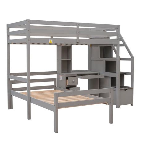 Twin Size Loft Bed with a Stand-alone Bed, Storage Staircase, Desk, Shelves and Drawers, Gray - Home Elegance USA