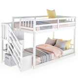 Twin over Twin Floor Bunk Bed, Ladder with Storage, White - Home Elegance USA