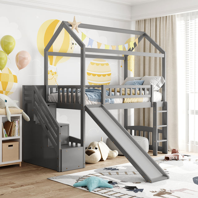 Twin Loft Bed with Two Drawers and Slide, House Bed with Slide, Gray (Old SKU: LP000130AAE) - Home Elegance USA