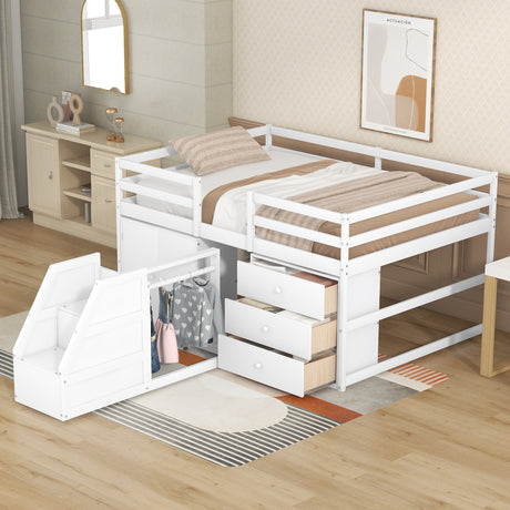 Full Size Functional Loft Bed with Cabinets and Drawers, Hanging Clothes at the back of the Staircase, White - Home Elegance USA