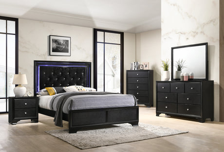 Modern Black Finish Upholstered 1pc Queen Size LED Panel Bed Faux Diamond Tufted Bedroom Furniture