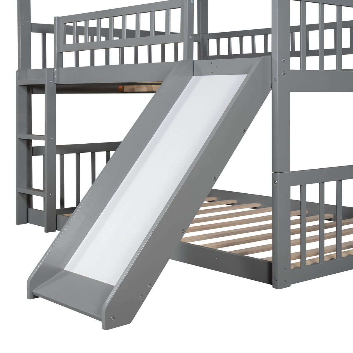 Full-Over-Full-Over-Full Triple Bed with Built-in Ladder and Slide , Triple Bunk Bed with Guardrails, Gray(OLD SKU :LP000052AAE) - Home Elegance USA