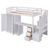 Twin Size Loft Bed with Wardrobe and Staircase, Desk and Storage Drawers and Cabinet in 1, White - Home Elegance USA