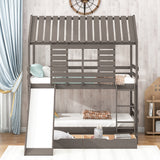 Twin over Twin Size House Bunk Bed with Convertible Slide and Two Drawers,Antique Gray - Home Elegance USA