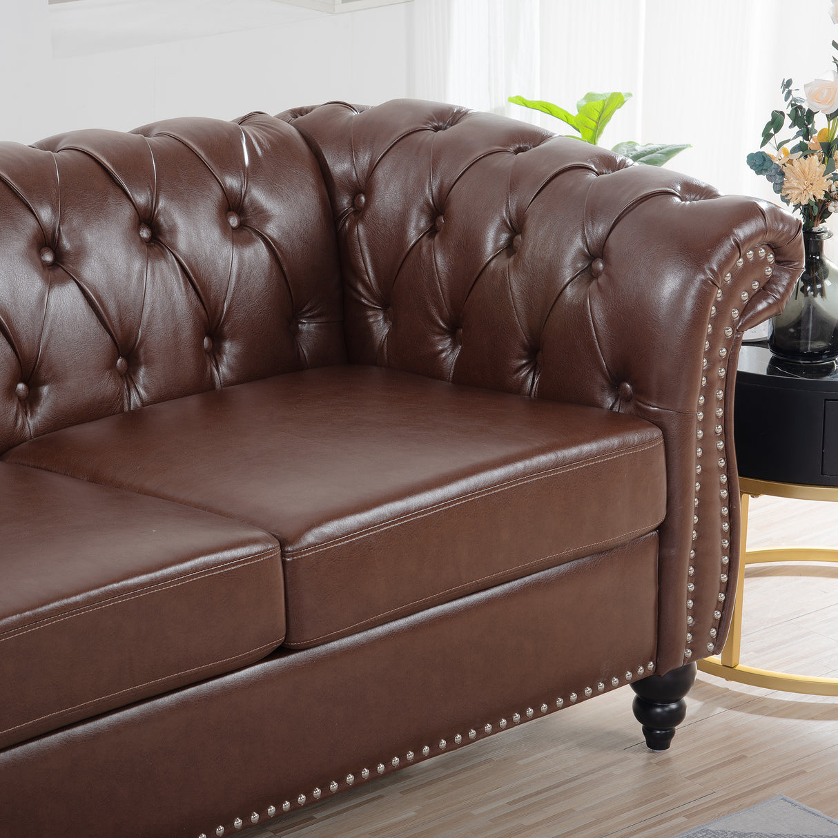 84.65" Dark Brown PU Rolled Arm Chesterfield Three Seater Sofa. - W68035342 - image - 13