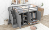 Functional Loft Bed with 3 Shelves, 2 Wardrobes and 2 Drawers,  Ladder with Storage, No Box Spring Needed, Gray - Home Elegance USA