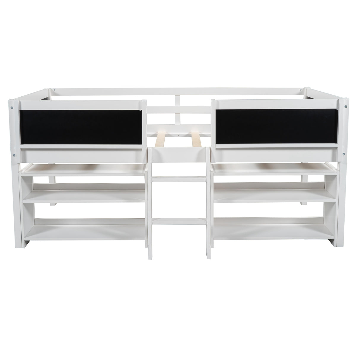 Twin Size Low Loft Bed with Two Movable Shelves and Ladder,with Decorative Guardrail Chalkboard,White - Home Elegance USA