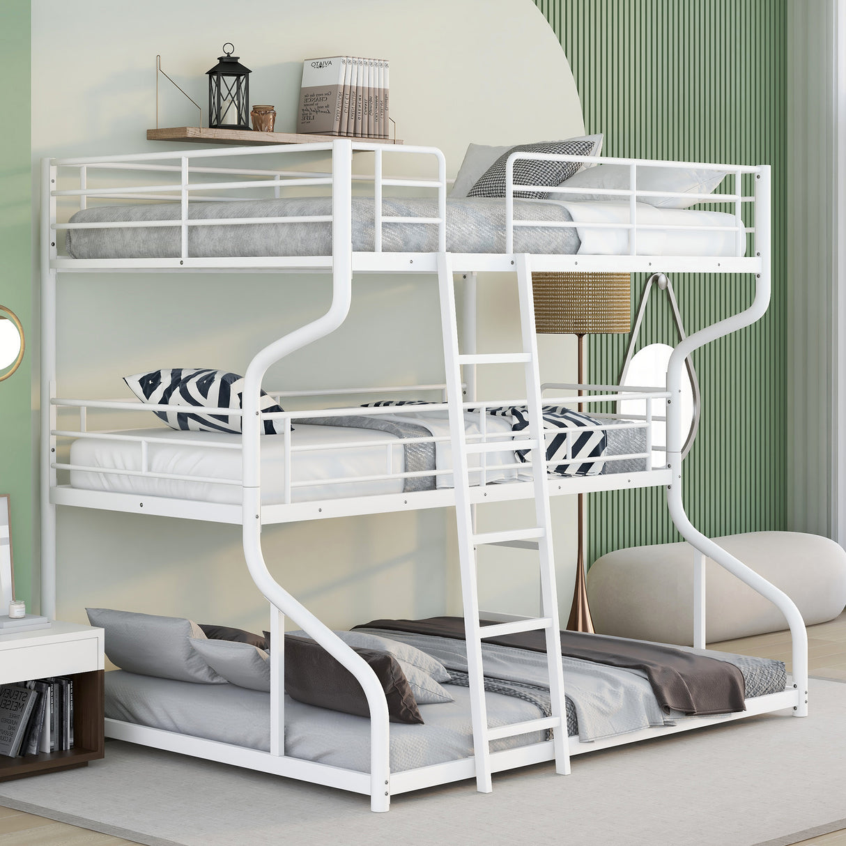 Full XL over Twin XL over Queen Size Triple Bunk Bed with Long and Short Ladder,White - Home Elegance USA