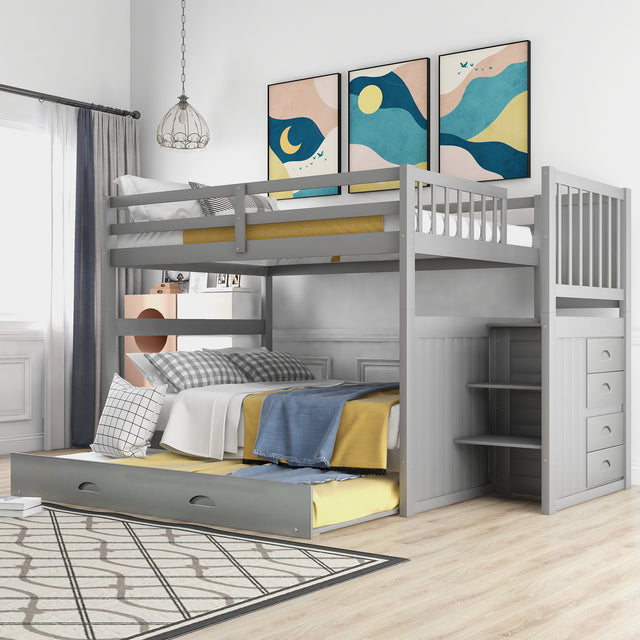 Full over Full Bunk Bed with Twin Size Trundle, Gray (old sku: LT000026AAE ) - Home Elegance USA