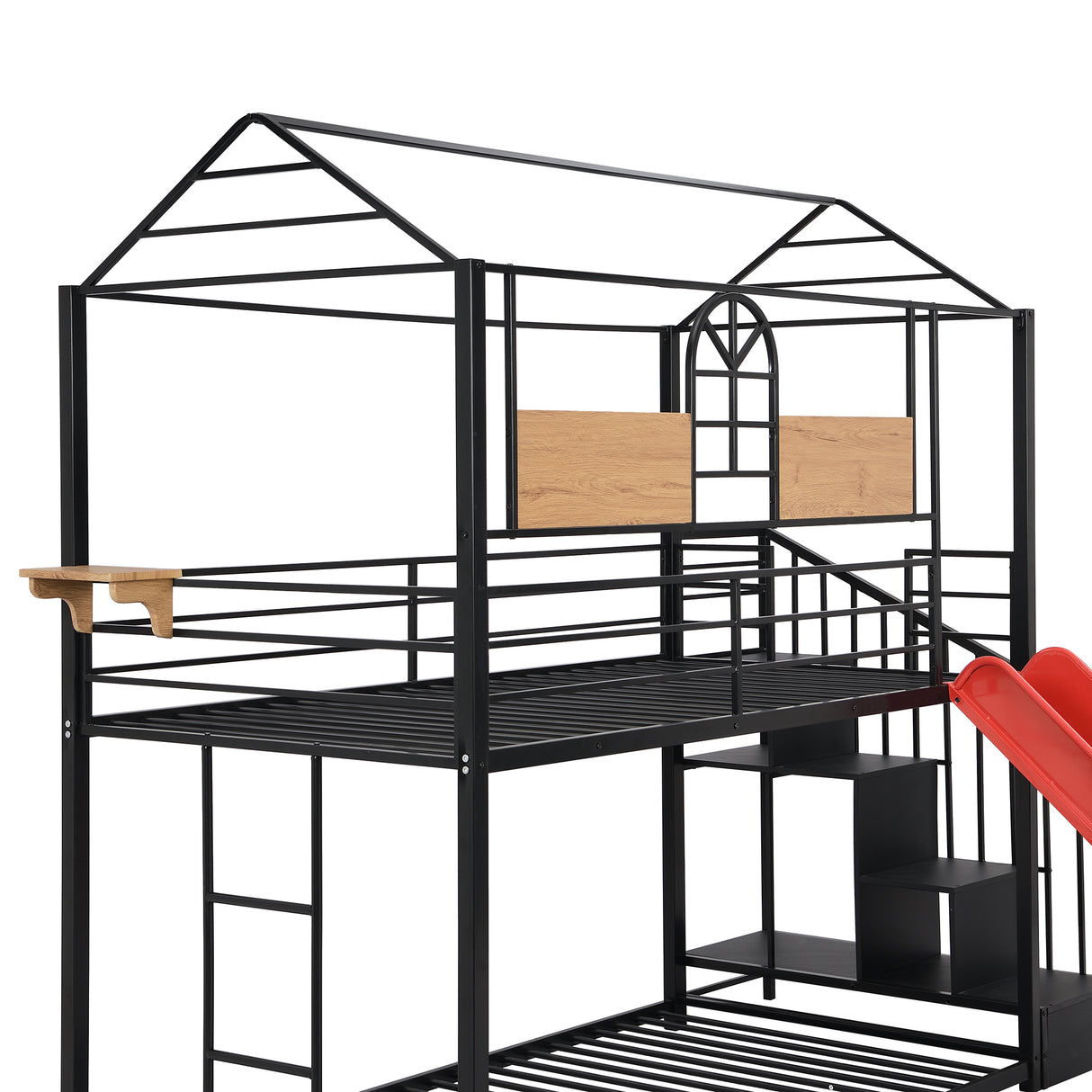 Twin Over Twin Metal Bunk Bed ,Metal Housebed with Slide and Storage Stair,Black with Red Slide(OLD SKU:LP000195AAJ) - Home Elegance USA