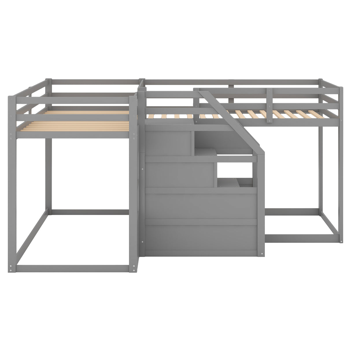 Twin over Twin L-Shaped Bunk Bed with Built-in Middle Staircase,Gray - Home Elegance USA