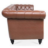 84.65"BROWN PU Rolled Arm Chesterfield Three Seater Sofa. | Home Elegance USA