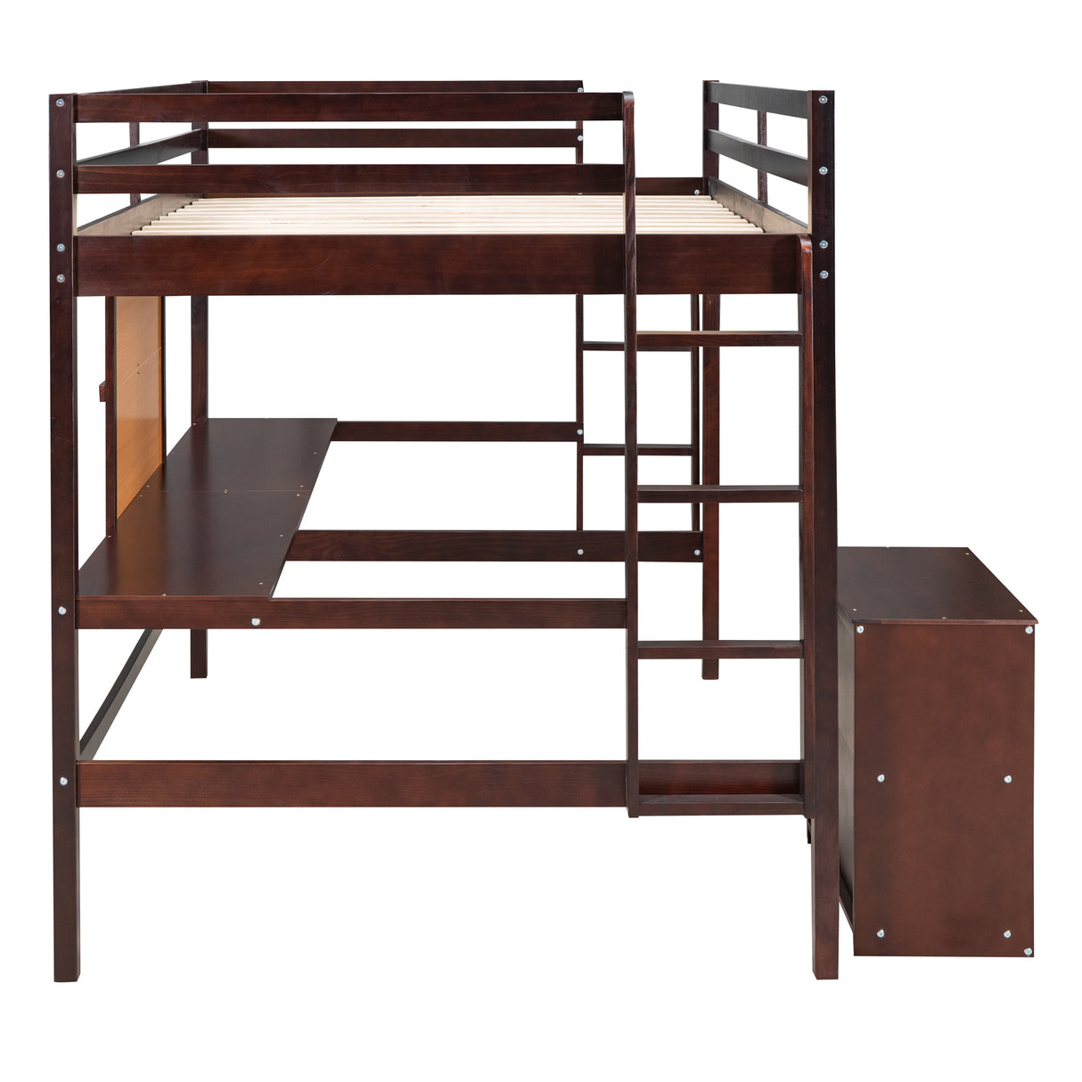 Twin size Loft Bed with Desk and Writing Board, Wooden Loft Bed with Desk & 2 Drawers Cabinet- Espresso - Home Elegance USA