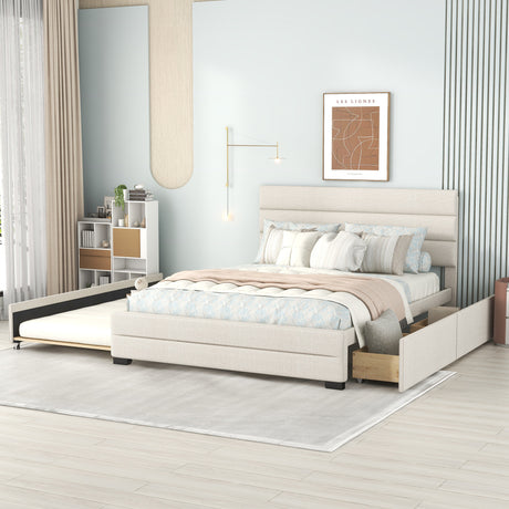 Queen Upholstered Platform Bed with Twin Size Trundle and Two Drawers, Beige - Home Elegance USA