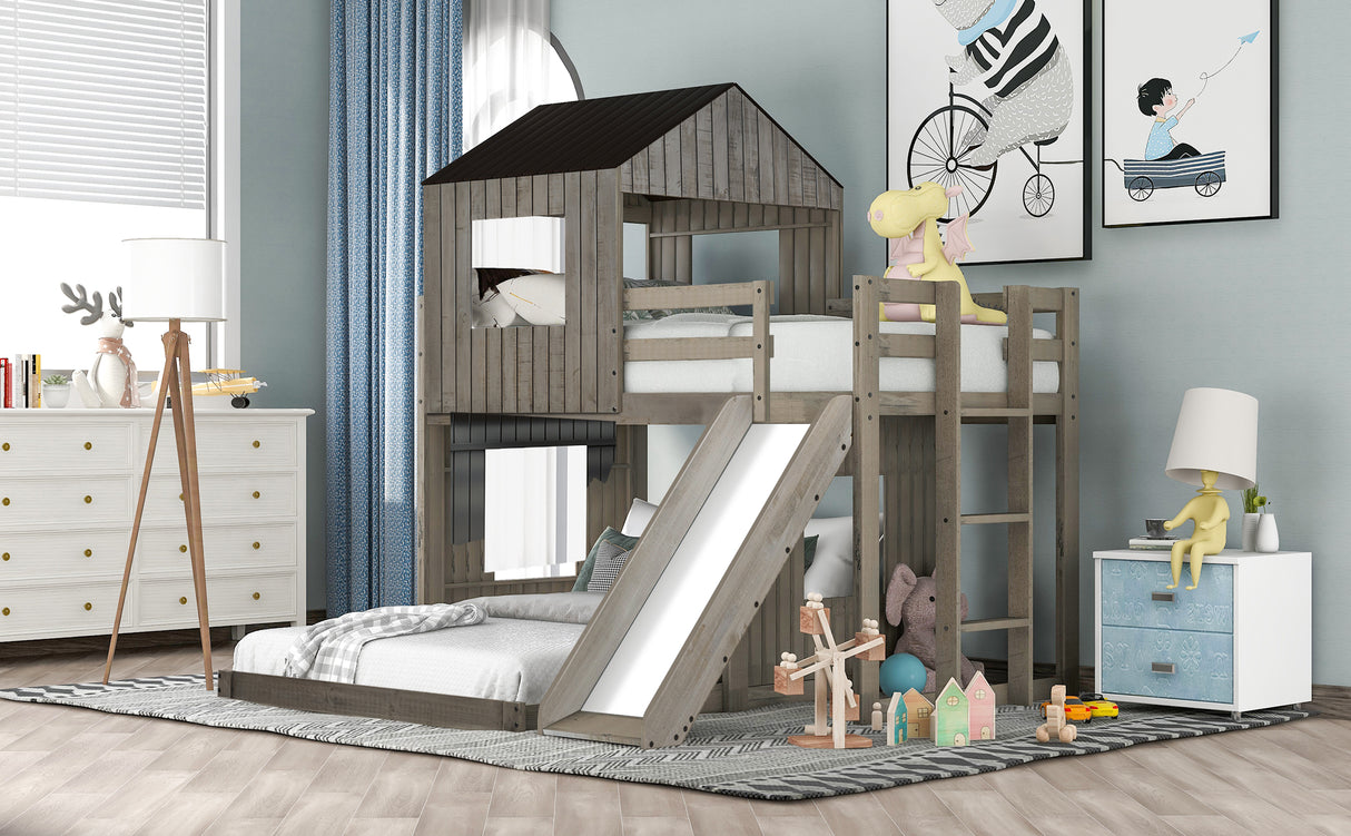 Wooden Twin Over Full Bunk Bed, Loft Bed with Playhouse, Farmhouse, Ladder, Slide and Guardrails, Antique Gray(OLD SKU :LT000028AAE) - Home Elegance USA