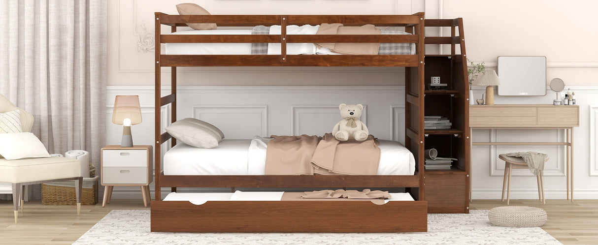 Full-over-Full Bunk Bed with Twin Size Trundle and 3 Storage Stairs,Walnut - Home Elegance USA