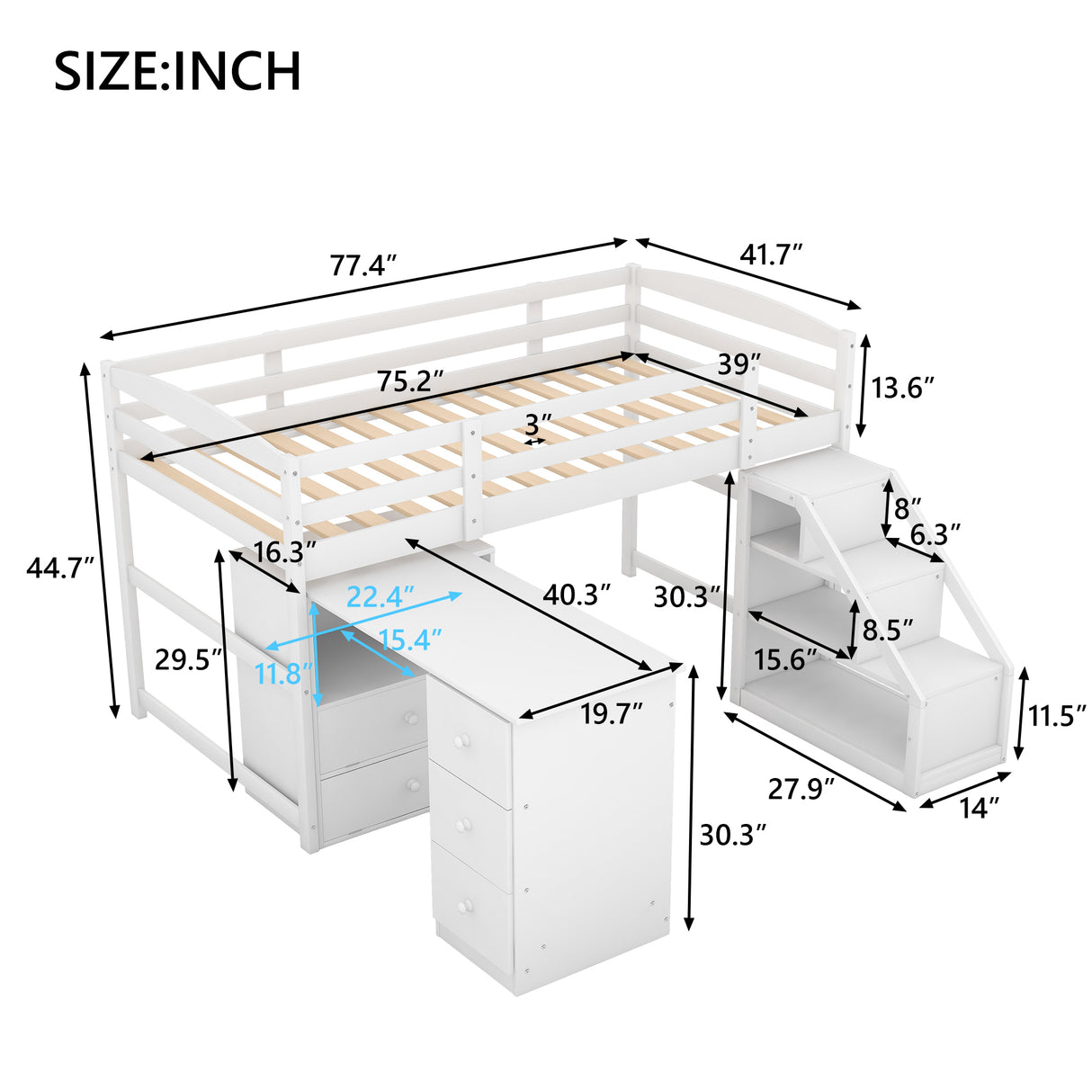 Twin Size Loft Bed with Multifunctional Movable Built-in Desk and and Staircase,White(OLD SKU:GX000925AAK) - Home Elegance USA