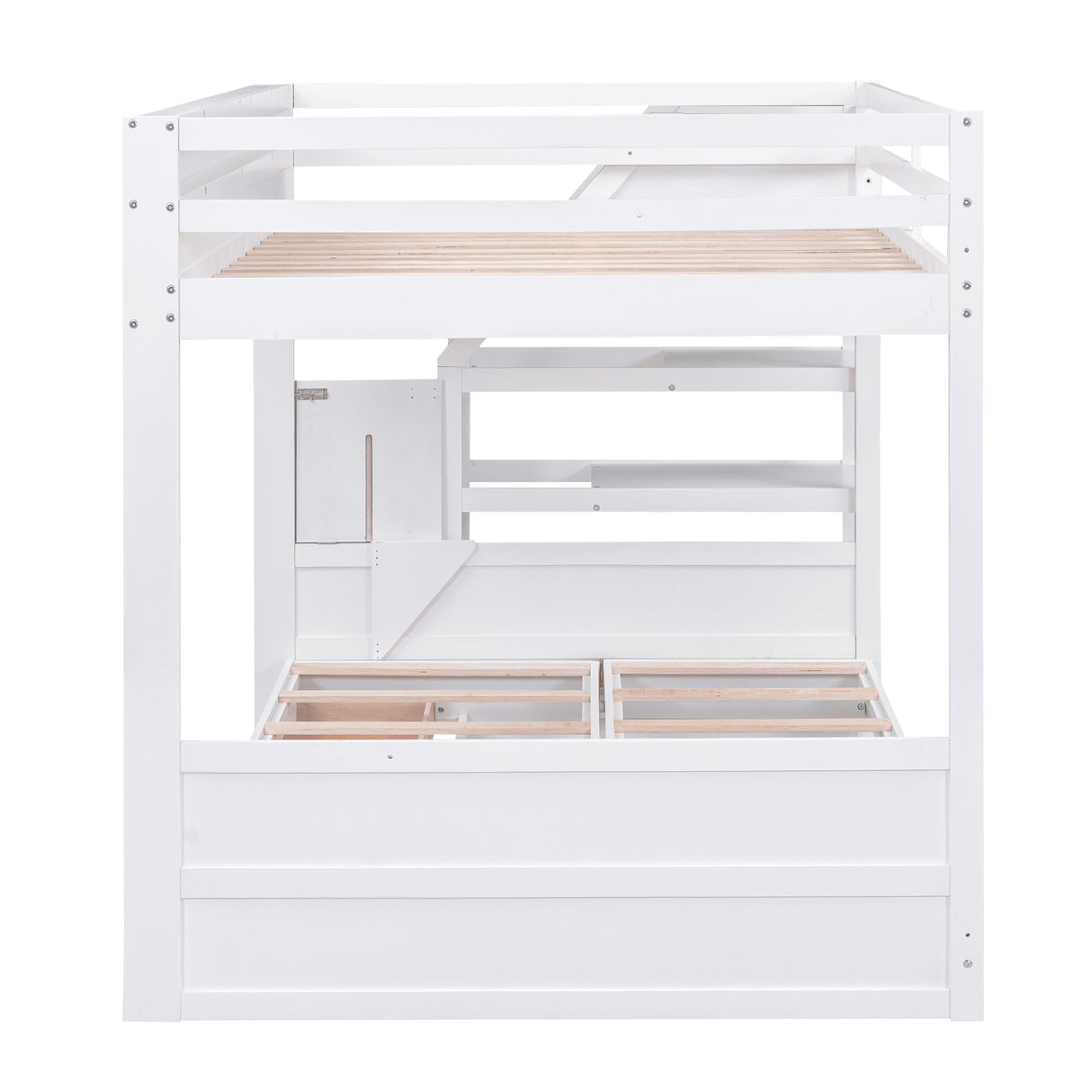 Wood Full Size Convertible Bunk Bed with Storage Staircase, Bedside Table, and 3 Drawers, White - Home Elegance USA