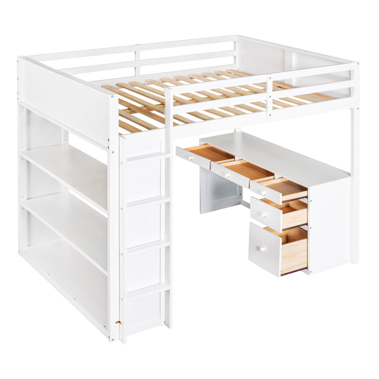 Full Size Loft Bed with Ladder, Shelves, and Desk, White - Home Elegance USA