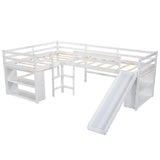 Twin Size L-Shaped Loft Bed with Movable Two-Tier Shelves and Slide,White - Home Elegance USA