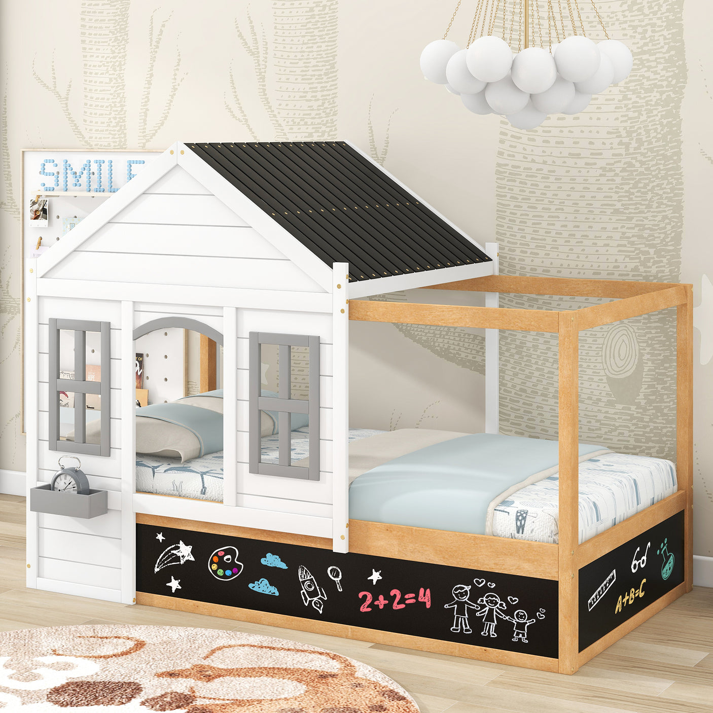 Twin Size House Shaped Canopy Bed with Black Roof and White Window,Blackboard and Little Shelf,White - Home Elegance USA