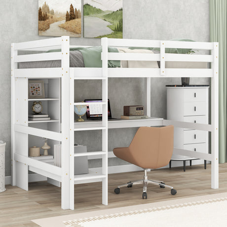 Full Size Loft Bed with Multifunction Shelves and Under-bed Desk, White - Home Elegance USA