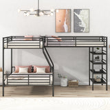 L-Shaped Metal Twin over Full Bunk Bed and Twin Size Loft Bed with Four Built-in Shelves,Black - Home Elegance USA