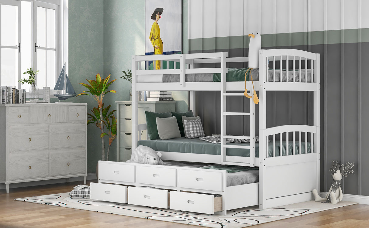 Twin over Twin Wood Bunk Bed with Trundle and Drawers,White - Home Elegance USA
