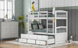 Twin over Twin Wood Bunk Bed with Trundle and Drawers,White - Home Elegance USA