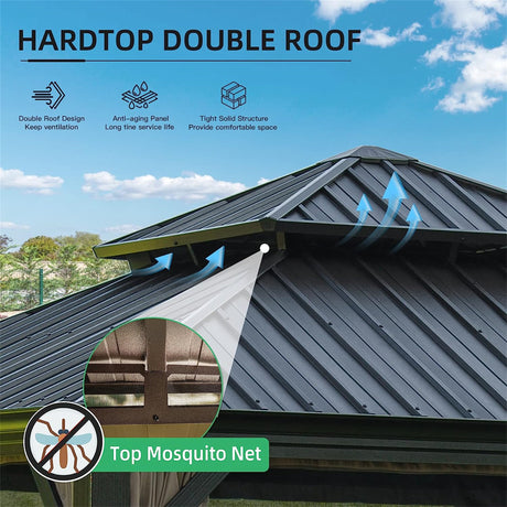 Brown 12'x12' Hardtop Gazebo: Aluminum Frame, Galvanized Steel Double Roof, Curtains, Netting - Perfect for Patio, Backyard, Lawn