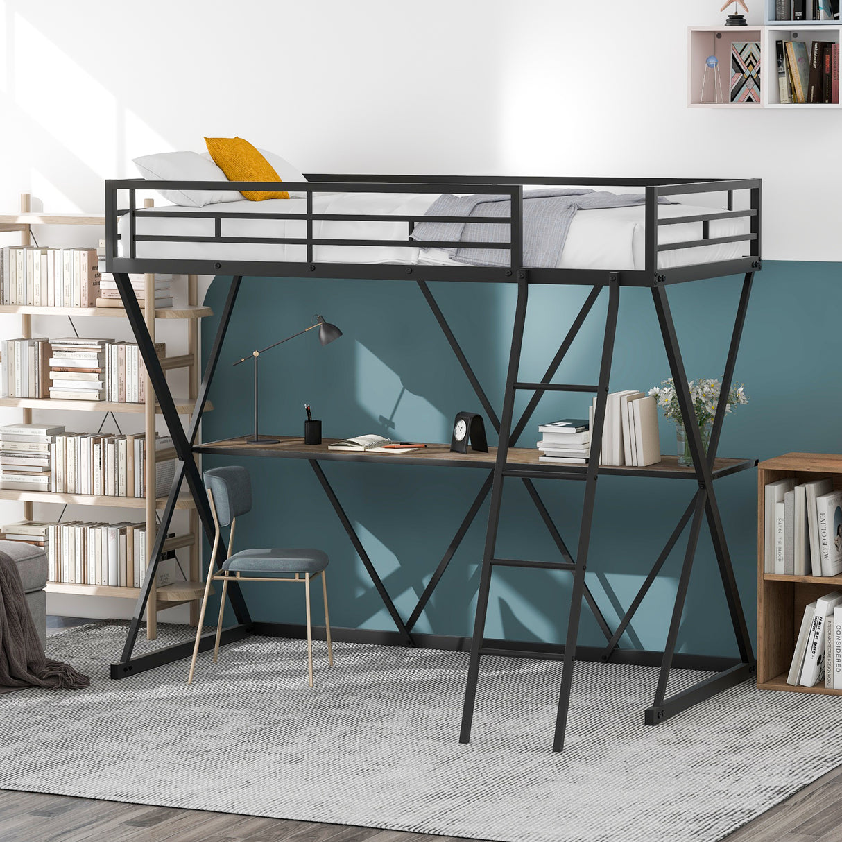 Twin Size Loft Bed with Desk, Ladder and Full-Length Guardrails, X-Shaped Frame, Black(Old SKU:SM000223AAB) - Home Elegance USA