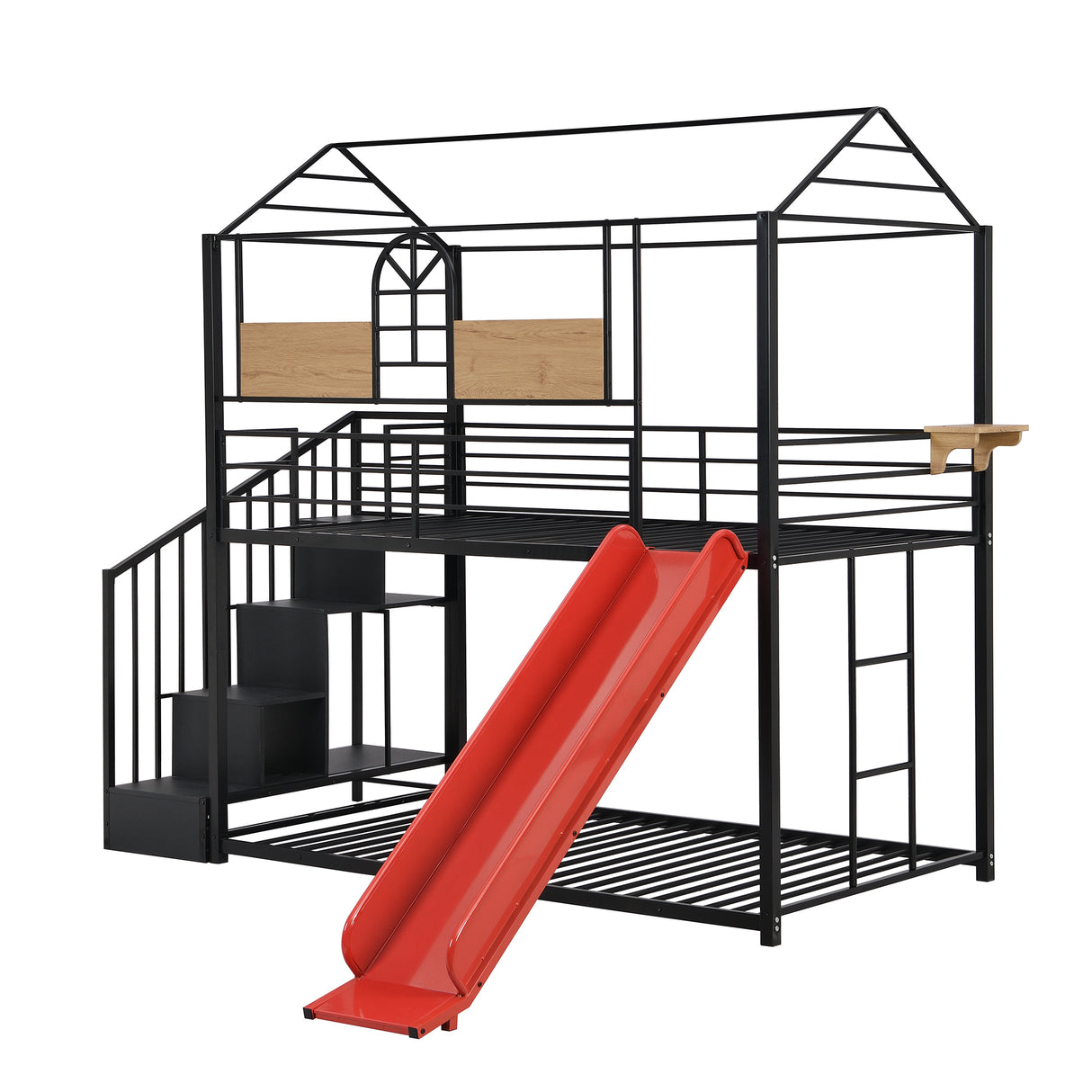 Twin Over Twin Metal Bunk Bed ,Metal Housebed with Slide and Storage Stair,Black with Red Slide(OLD SKU:LP000195AAJ) - Home Elegance USA