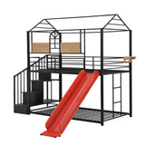 Twin Over Twin Metal Bunk Bed ,Metal Housebed with Slide and Storage Stair,Black with Red Slide(OLD SKU:LP000195AAJ) - Home Elegance USA