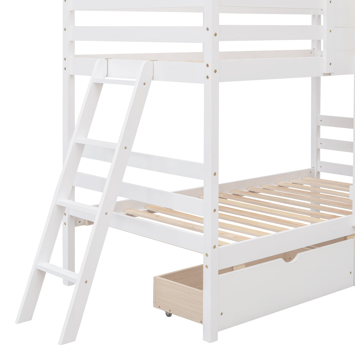 Twin over Twin Bunk Bed with 2 Drawers, 1 Storage Box, 1 Shelf, Window and Roof-White(OLD SKU:LT000608AAK) - Home Elegance USA